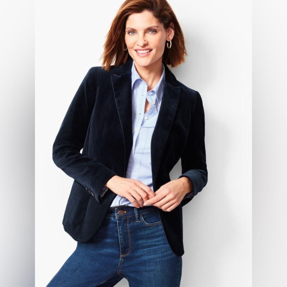 Deep Oxford Blue Velvet Tailored Blazer by Goop | Size 8 - Picture 2 of 13